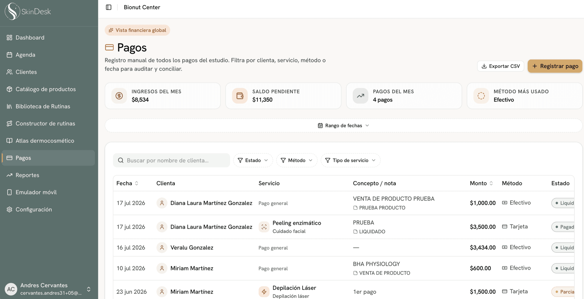 Vista de Pagos de SkinDesk: ingresos del mes, saldo pendiente y registro de pagos por cliente, servicio y método